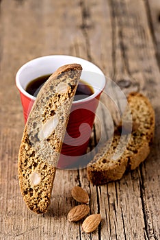 Cup of Coffee and Tasty Traditional Italian Sweets Biscotti or Cantucci on Wooden Background Italian Biscotti for Coffee or Wine