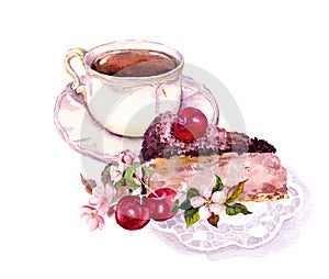 Cup of coffee or tea, chocolate cake with cherry fruits and flowers. Watercolor