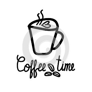 Cup of coffee, text `Coffee time`, vector