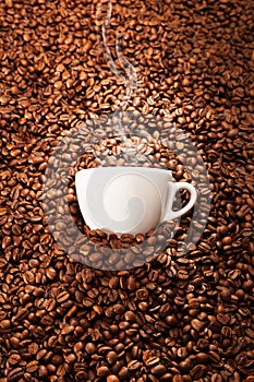 Cup of coffee with toasted beans, still life photo