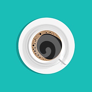 Cup coffee top view. Cup coffe. Flat illustration isolated on green background. Above mug with coffee. Icon of espresso,