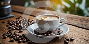 Cup of coffee using beans over a rustic wooden table.