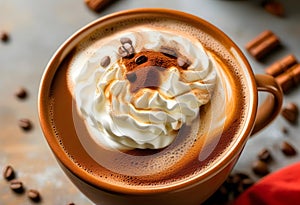 Cup of coffee with whipped cream, milk foam, sugar and cocoa powder