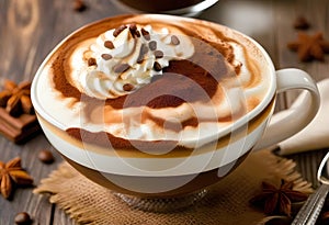 Cup of coffee with whipped cream, milk foam, sugar and cocoa powder