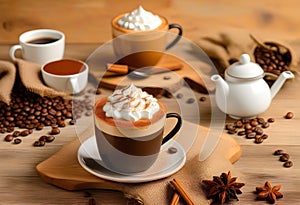 Cup of coffee with whipped cream, milk foam, sugar and cocoa powder
