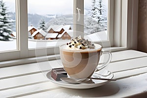Cup of coffee with whipped cream and piece of chocolate on saucer stands on windowsill. Outside window there is rural winter