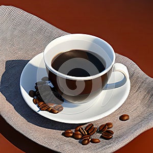 A Cup of Coffee On a White Saucer With Coffee Beans Generative AI