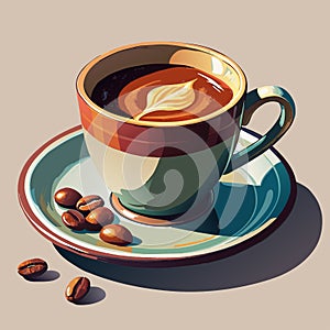 A cup of coffee with a white swirl on top sits on a saucer. The coffee is hot and steam is rising from the cup. Concept