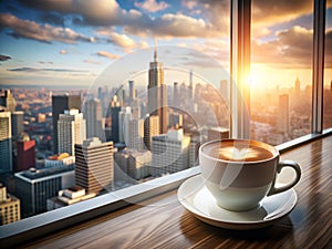 Cup of coffee on the windowsill and cityscape background