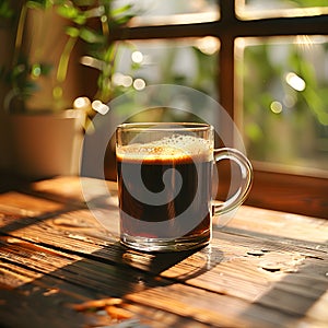 A cup of coffee on wood table by window, singleorigin Kopi tubruk