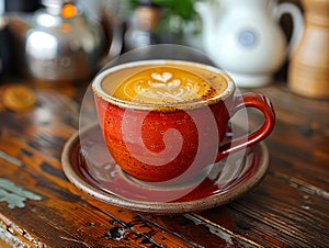 A cup of coffee on a wooden table