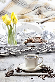 Cup of coffee on wooden table