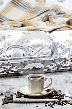 Cup of coffee on wooden table