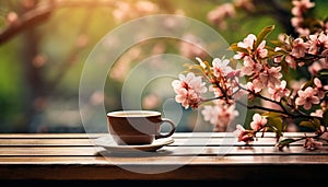 A cup of coffee on a wooden table and pink flowers, springtime background