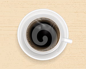 Cup of coffee on wooden table. Top view vector illustration.