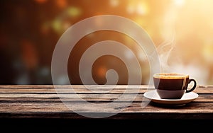 Cup of coffee on wooden table web banner size. Brown blurred background. Relaxed pace time. Good morning concept. AI Generative