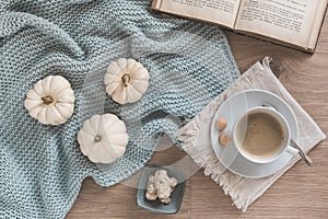 Cup of coffee, woolen blanket, white mini  pumpkins and an old book on oak wooden floor