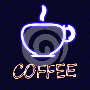 Cup of coffee and the word coffee with neon effect on a background of a brick wall. Vector illustration
