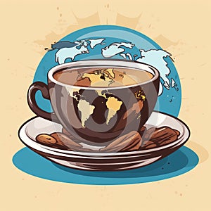 a cup of coffee with a world map and almonds on a saucer vector illustration