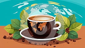 a cup of coffee with the world map on the background and coffee beans on the saucer vector illustration