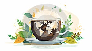 a cup of coffee with a world map on the cup and leaves on the saucer vector illustration