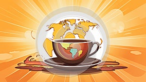 a cup of coffee and a world map on an orange background