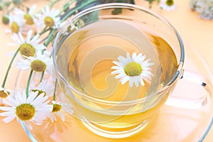 Cup with decoction of chamomile on a yellow background