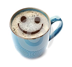 Cup of delicious hot coffee with foam and smile on white background. Happy morning, good mood