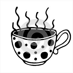 Cup with a drink. Isolated vector icon on white background. Hand-drawn doodle. Contour of a mug with coffee. A glass of tea. Pot