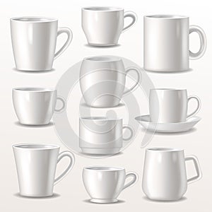 Cup empty mugs for coffee or tea for branding and simple teacup of various shapes illustration set of white cupful or photo