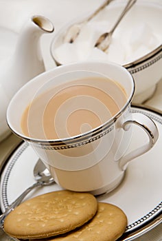 Cup of English tea with biscuits