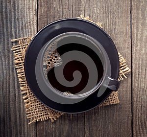 Cup of espresso coffee on old wooden table vintage