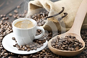 Cup of espresso coffee with yuta bag