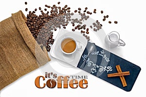 Coffee time with cup of espresso and beans concept stock photo