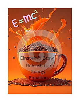 A cup of explosive coffee with beans and reference to Einstein\'s equation, generated by AI.