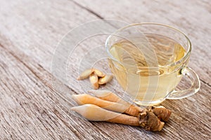 Cup of fingerroot tea with finger root  Chinese Ginger, Galingale, Kaempfer, Boesenbergia rotunda, Krachai