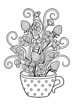 Cup with flowers doodle coloring book page. Black and white vector zentangle illustration.