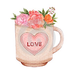Cup of flowers . Valentines day object . Watercolor painting elements . Illustration