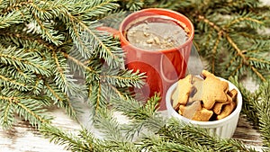 Cup of fragrant coffee. Recipe for ginger biscuits. NewYear