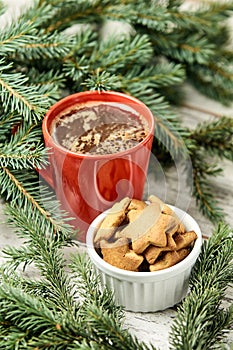 Cup of fragrant coffee. Recipe for ginger biscuits. NewYear. Christmas tree
