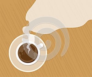 Cup of fresh coffee espresso on table, view from