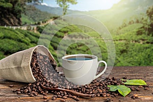 A Cup of fresh coffee and roasted beans in a bag on the table against the backdrop of a landscape of coffee plantations