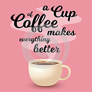 Cup of Fresh Coffee with Text isolated on Pink