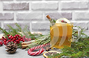 1 Cup fruit tea with Apple and lemon, cinnamon, star anise, fir branches, rosemary, Lollipop, red berries cone on a gray