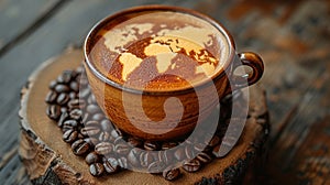 cup full of espresso coffee with world map on froth crema