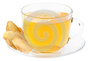 Cup of Ginger tea with lemon, honey and ginger root on white backgroun