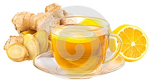 Cup of Ginger tea with lemon, honey and ginger root on white backgroun