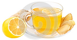 Cup of Ginger tea with lemon, honey and ginger root on white backgroun