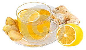 Cup of Ginger tea with lemon, honey and ginger root on white backgroun