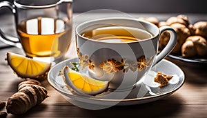 a cup of ginger tea with lemon, morning tea to tone up, healthy eating and natural drinks,